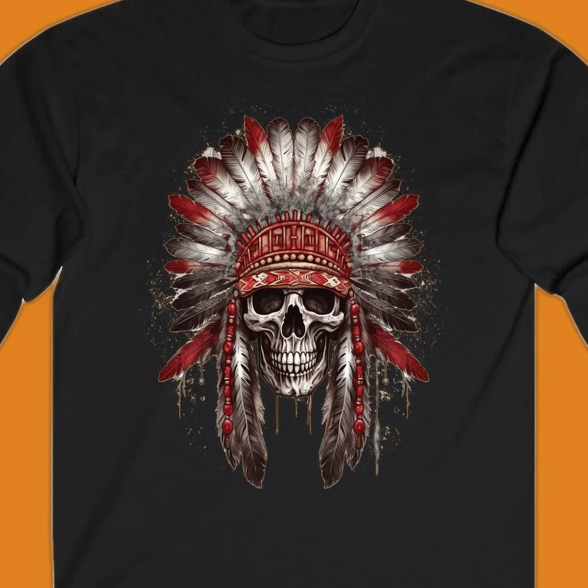 A detailed illustration of a human skull wearing an elaborate red, white, and grey feather headdress. This skull-feather-headdress design is set against a distressed background.
