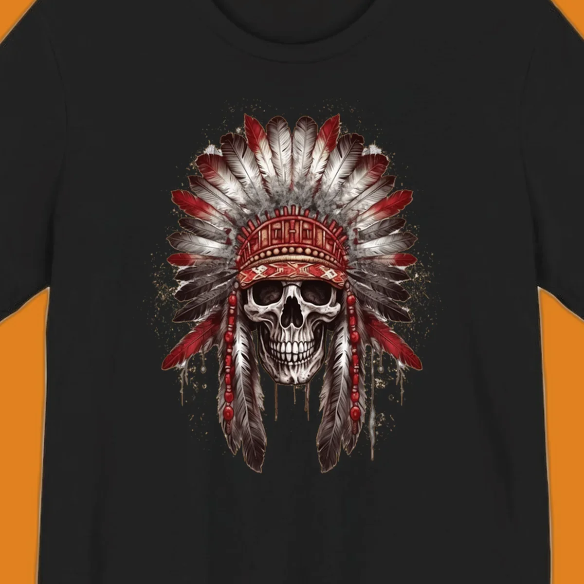 A detailed illustration of a human skull wearing an elaborate red, white, and grey feather headdress. This skull-feather-headdress design is set against a distressed background.