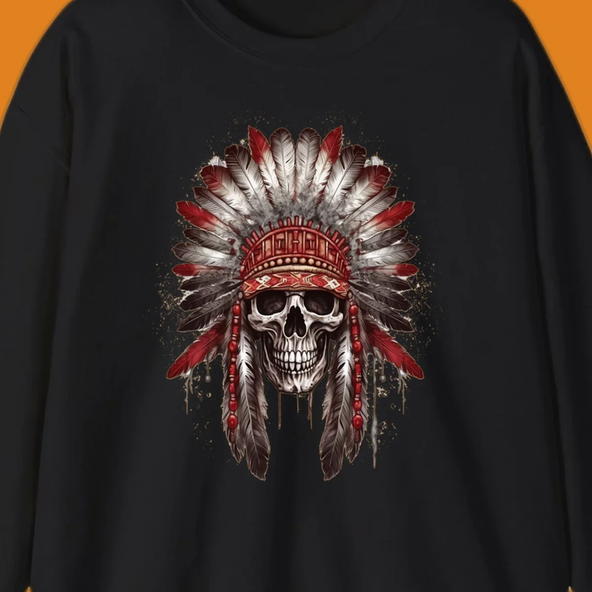A detailed illustration of a human skull wearing an elaborate red, white, and grey feather headdress. This skull-feather-headdress design is set against a distressed background.