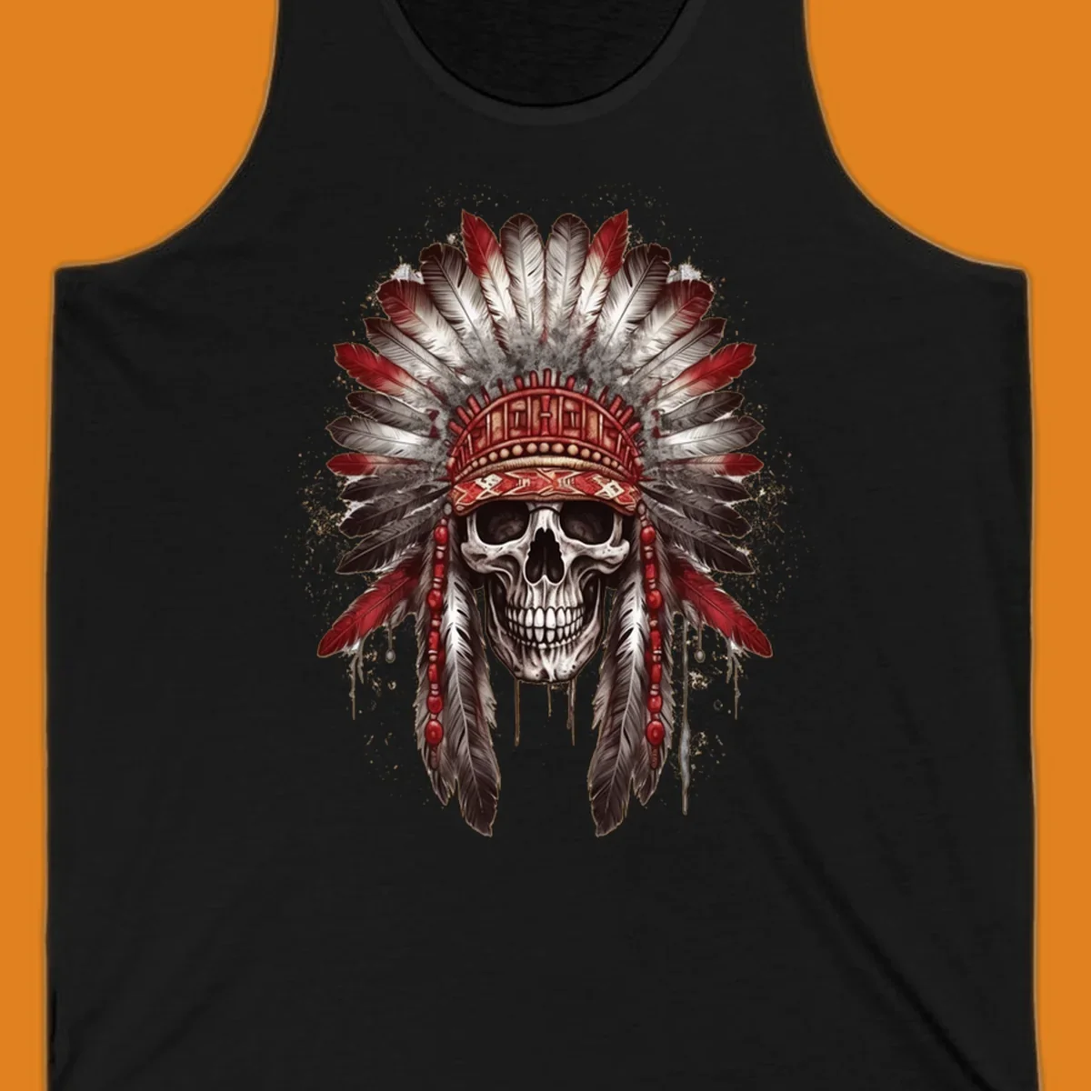 A detailed illustration of a human skull wearing an elaborate red, white, and grey feather headdress. This skull-feather-headdress design is set against a distressed background.