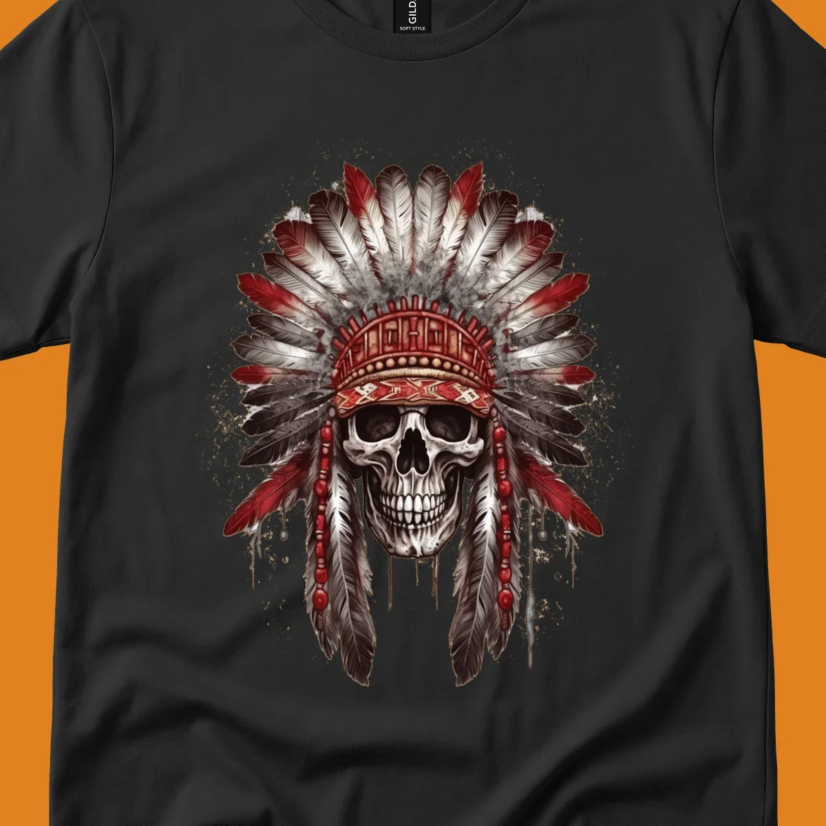A detailed illustration of a human skull wearing an elaborate red, white, and grey feather headdress. This skull-feather-headdress design is set against a distressed background.