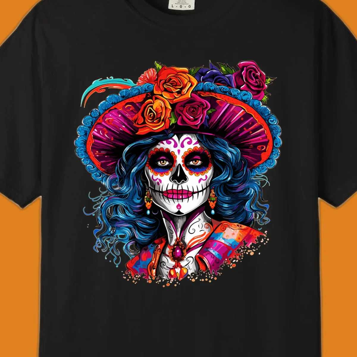 A vibrant Catrina sugar skull illustration with blue hair, a large floral hat, and colorful makeup, celebrating Day of the Dead.