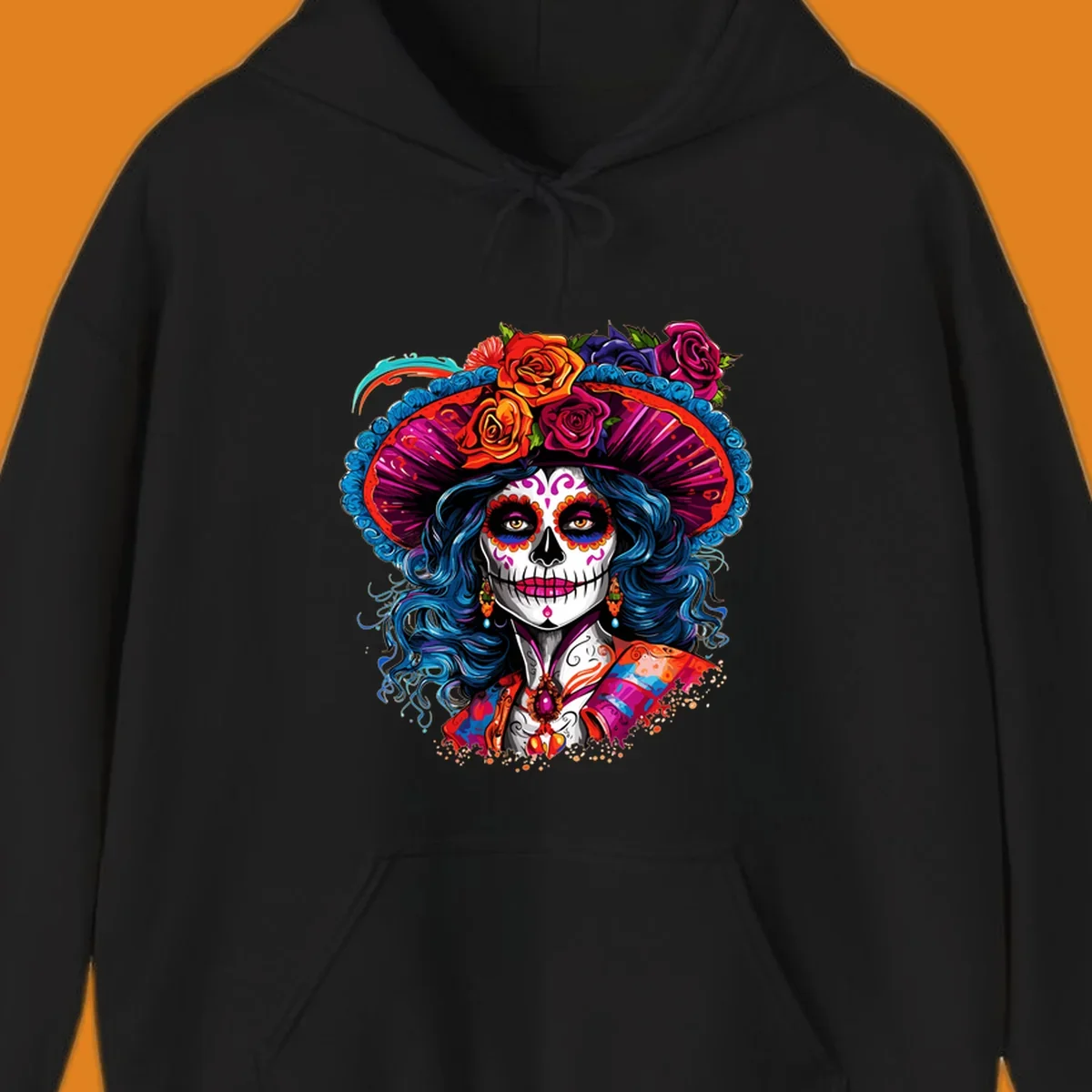 A vibrant Catrina sugar skull illustration with blue hair, a large floral hat, and colorful makeup, celebrating Day of the Dead.