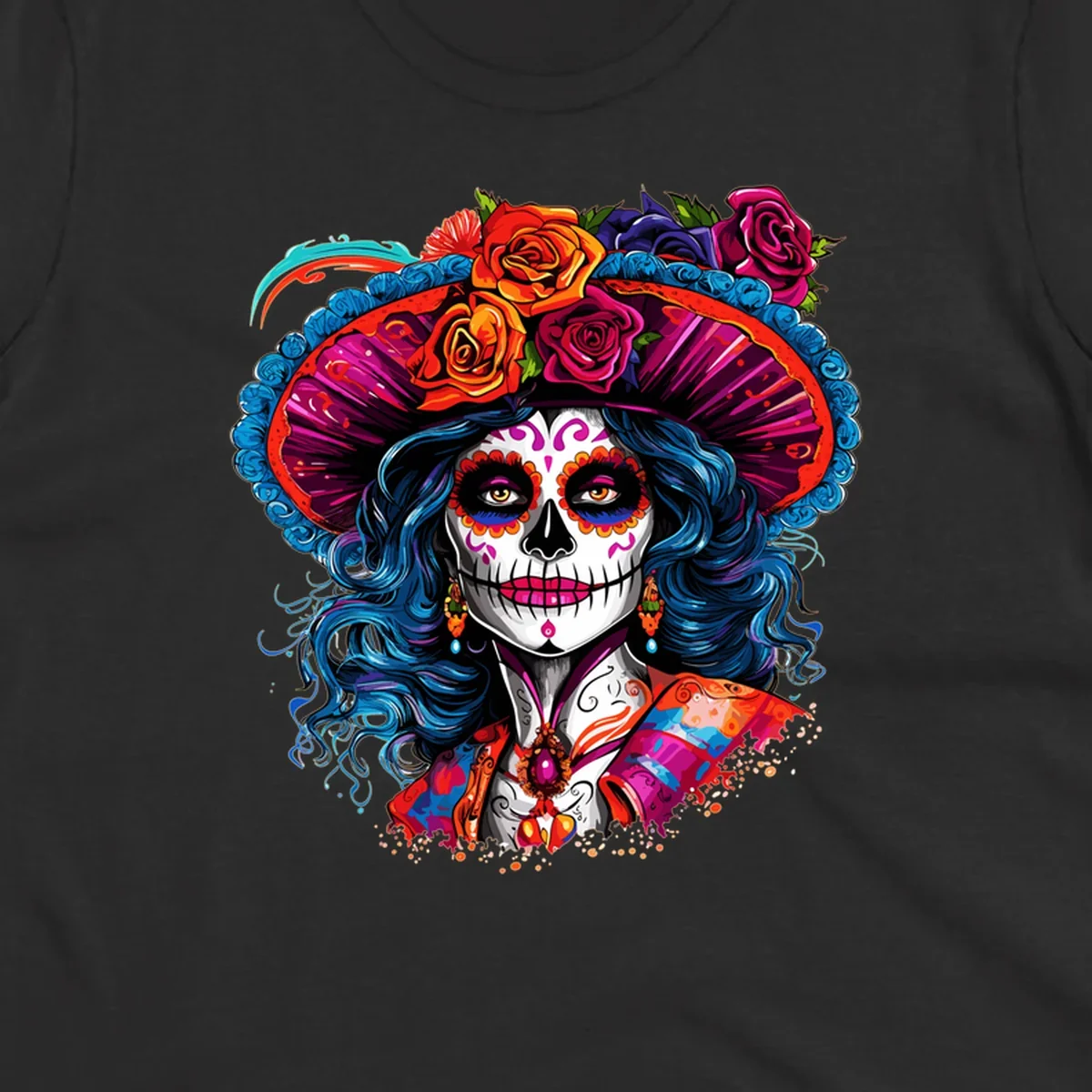 A vibrant Catrina sugar skull illustration with blue hair, a large floral hat, and colorful makeup, celebrating Day of the Dead.