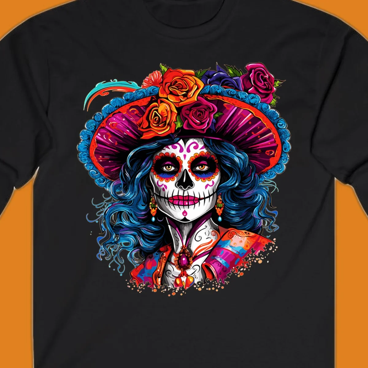 A vibrant Catrina sugar skull illustration with blue hair, a large floral hat, and colorful makeup, celebrating Day of the Dead.