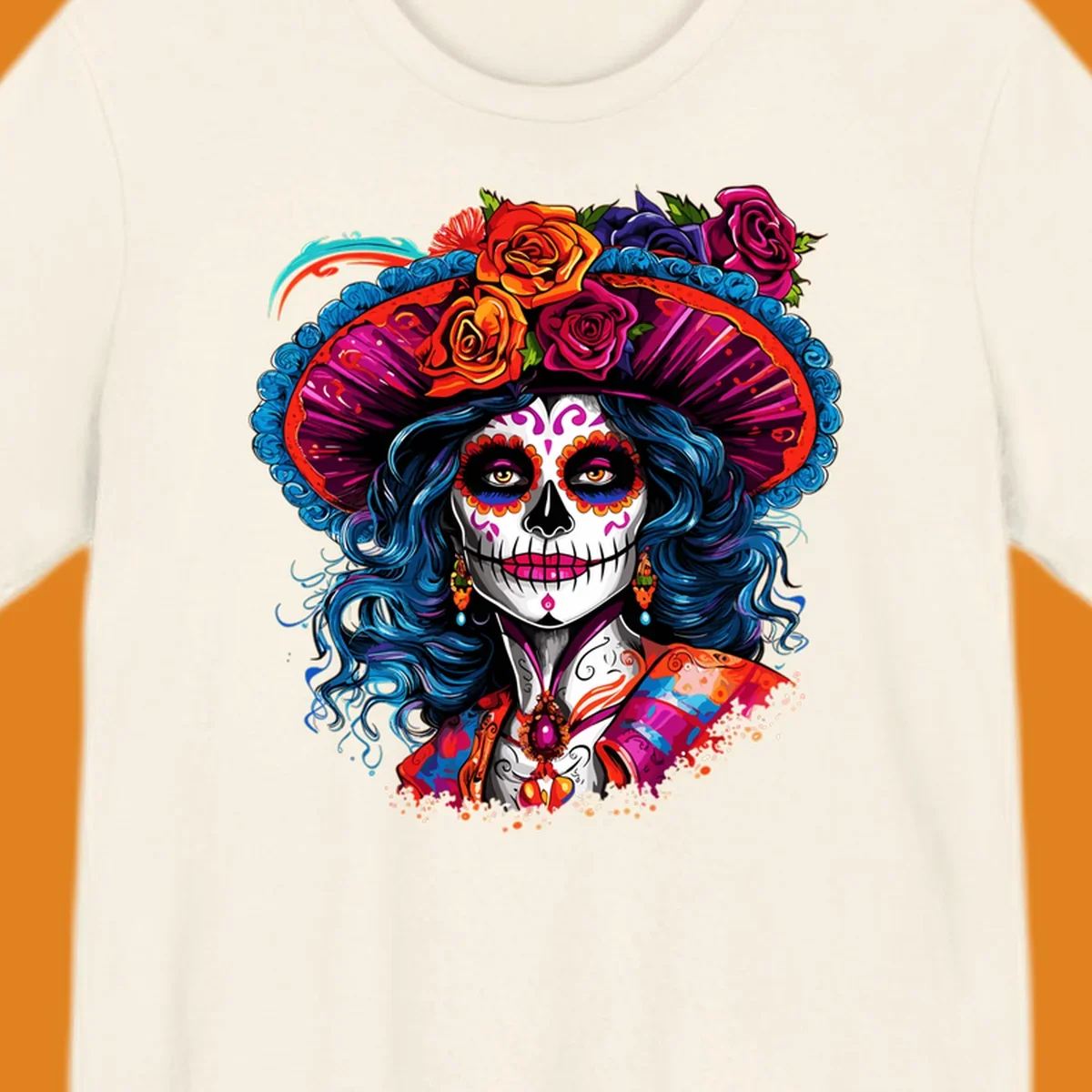 A vibrant Catrina sugar skull illustration with blue hair, a large floral hat, and colorful makeup, celebrating Day of the Dead.