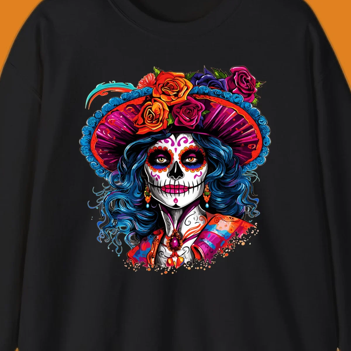 A vibrant Catrina sugar skull illustration with blue hair, a large floral hat, and colorful makeup, celebrating Day of the Dead.