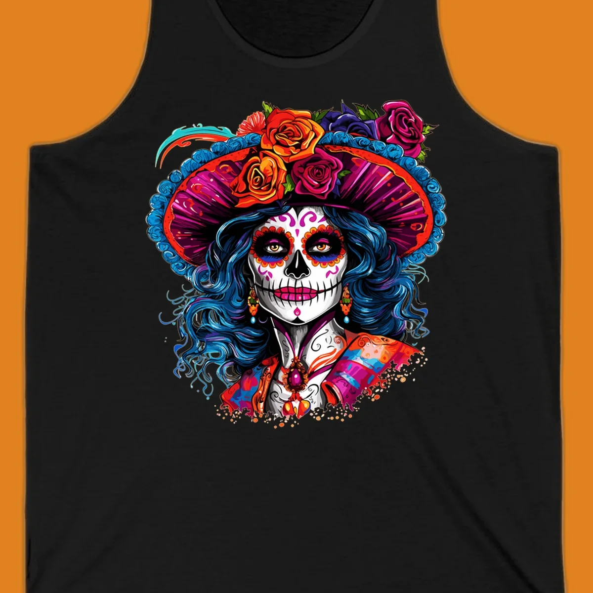 A vibrant Catrina sugar skull illustration with blue hair, a large floral hat, and colorful makeup, celebrating Day of the Dead.