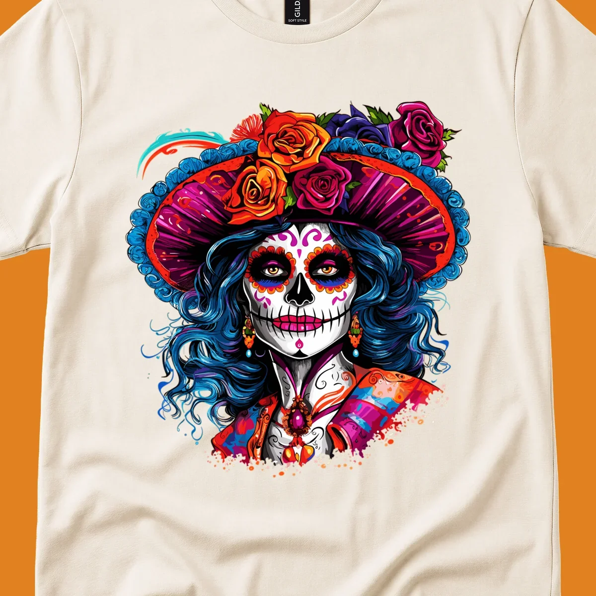 A vibrant Catrina sugar skull illustration with blue hair, a large floral hat, and colorful makeup, celebrating Day of the Dead.