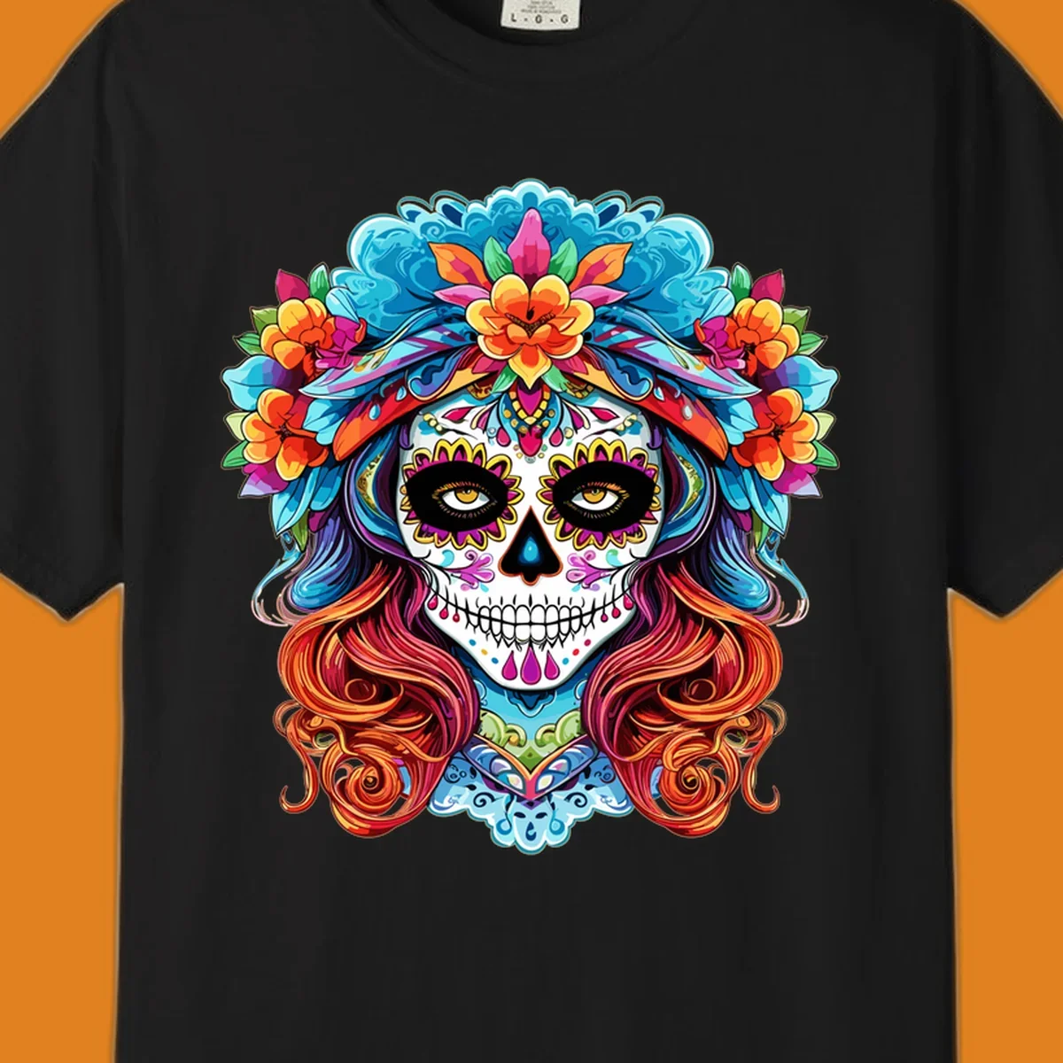 A highly detailed and colorful illustration of a vibrant floral sugar skull calavera with a large crown of flowers and flowing hair.