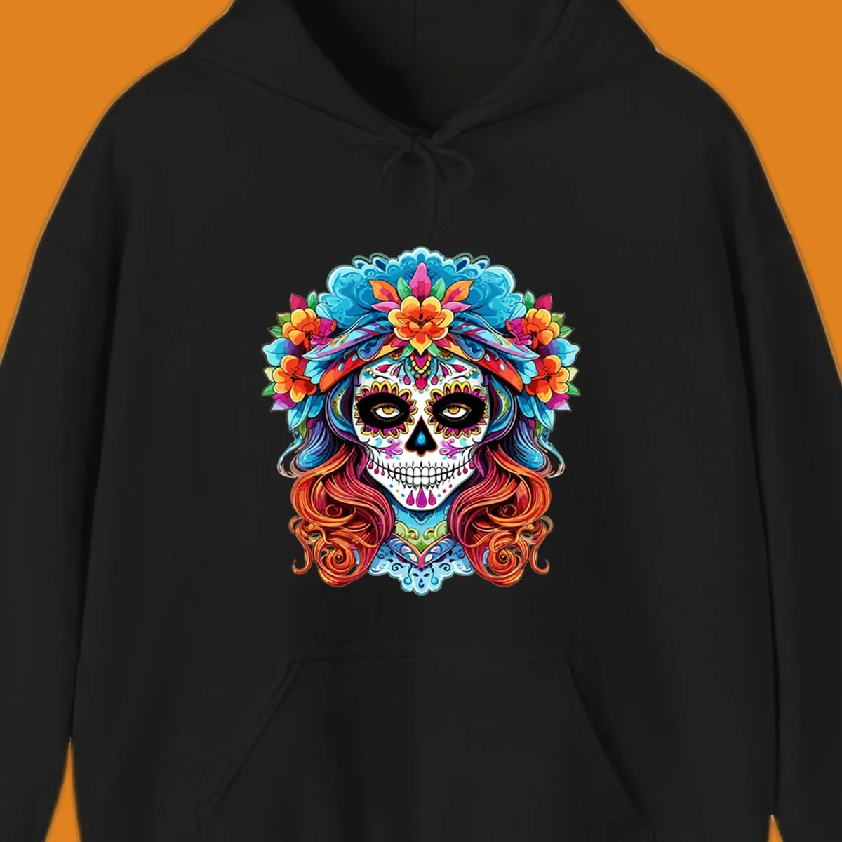 A highly detailed and colorful illustration of a vibrant floral sugar skull calavera with a large crown of flowers and flowing hair.