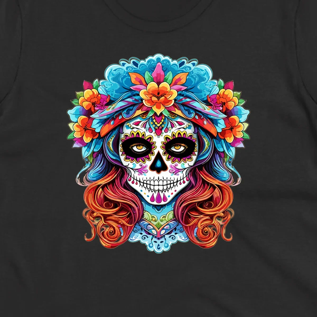 A highly detailed and colorful illustration of a vibrant floral sugar skull calavera with a large crown of flowers and flowing hair.