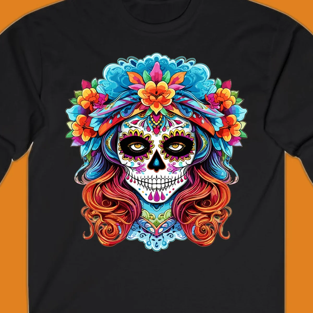 A highly detailed and colorful illustration of a vibrant floral sugar skull calavera with a large crown of flowers and flowing hair.