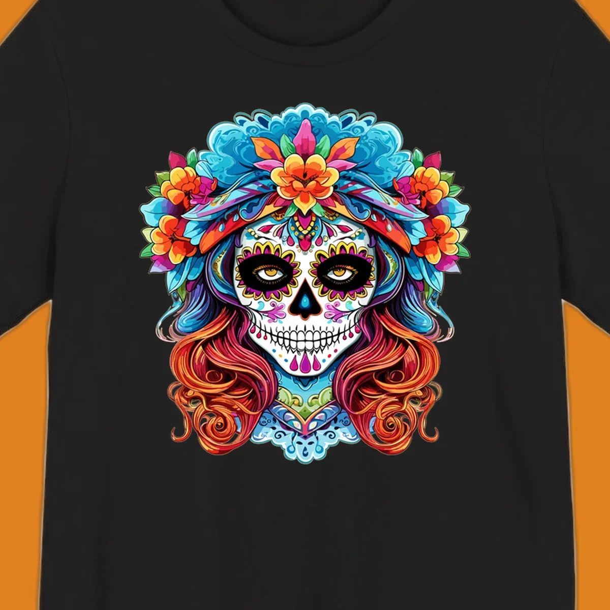 A highly detailed and colorful illustration of a vibrant floral sugar skull calavera with a large crown of flowers and flowing hair.