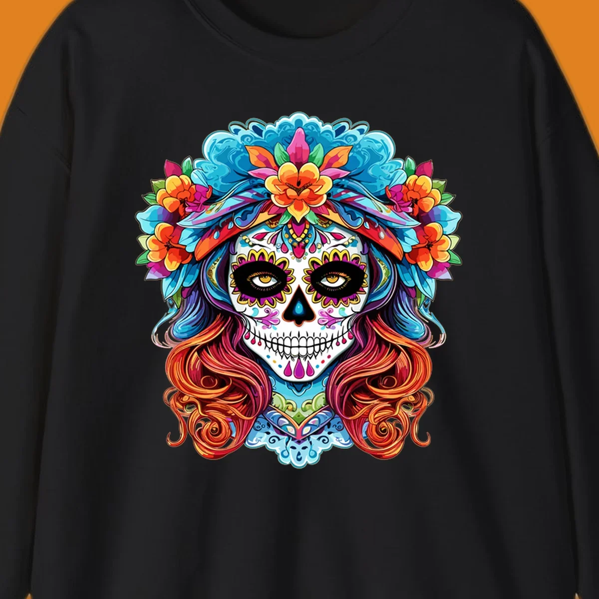 A highly detailed and colorful illustration of a vibrant floral sugar skull calavera with a large crown of flowers and flowing hair.