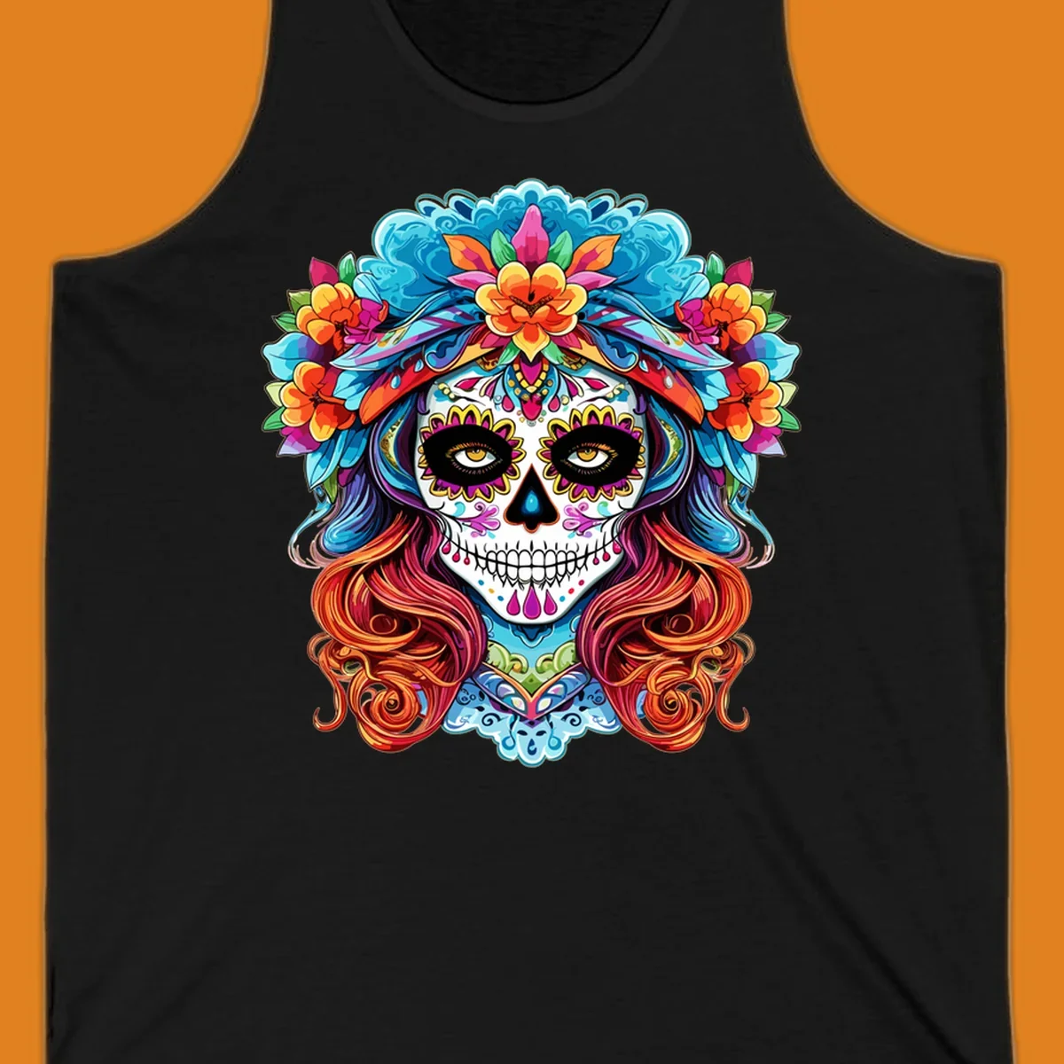A highly detailed and colorful illustration of a vibrant floral sugar skull calavera with a large crown of flowers and flowing hair.