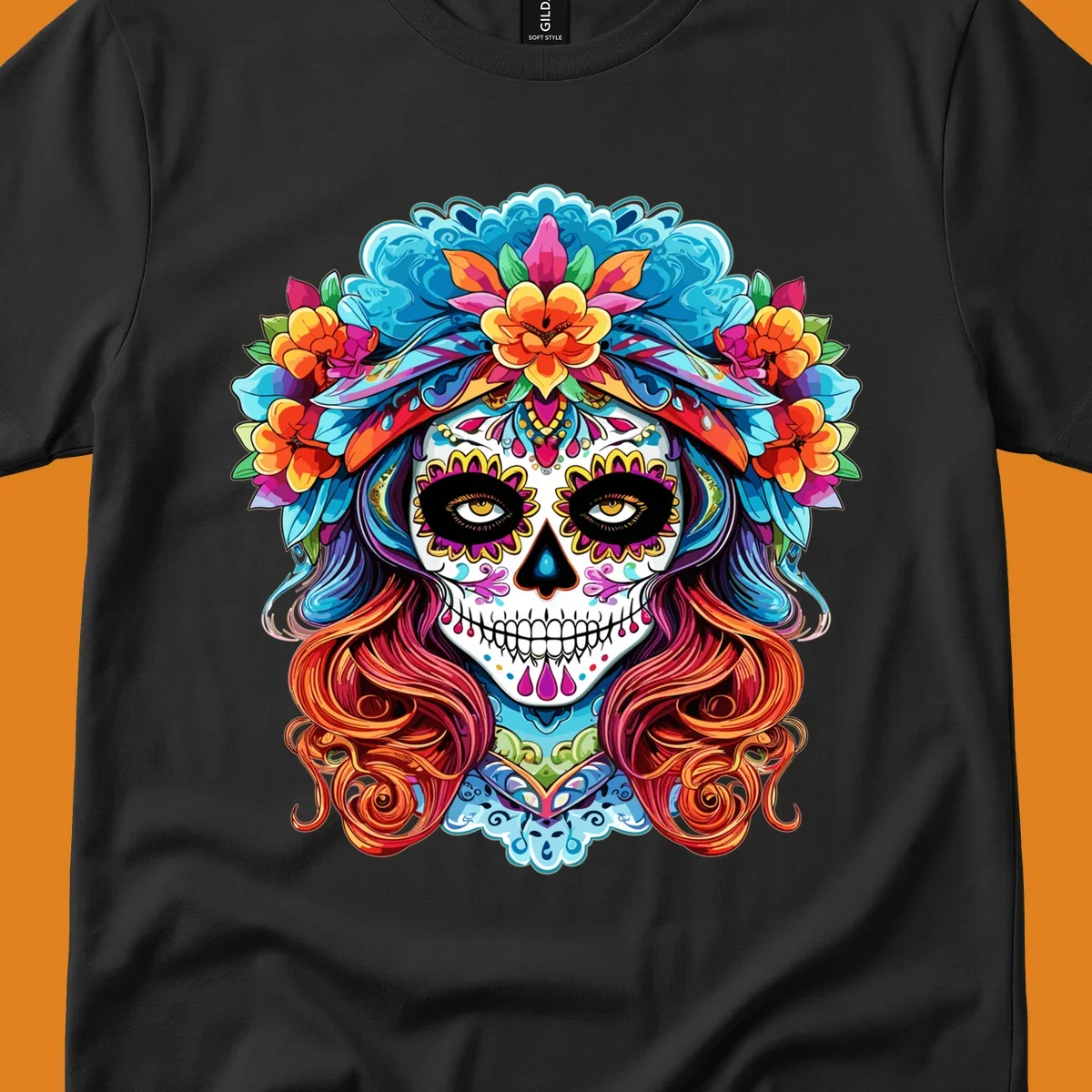 A highly detailed and colorful illustration of a vibrant floral sugar skull calavera with a large crown of flowers and flowing hair.