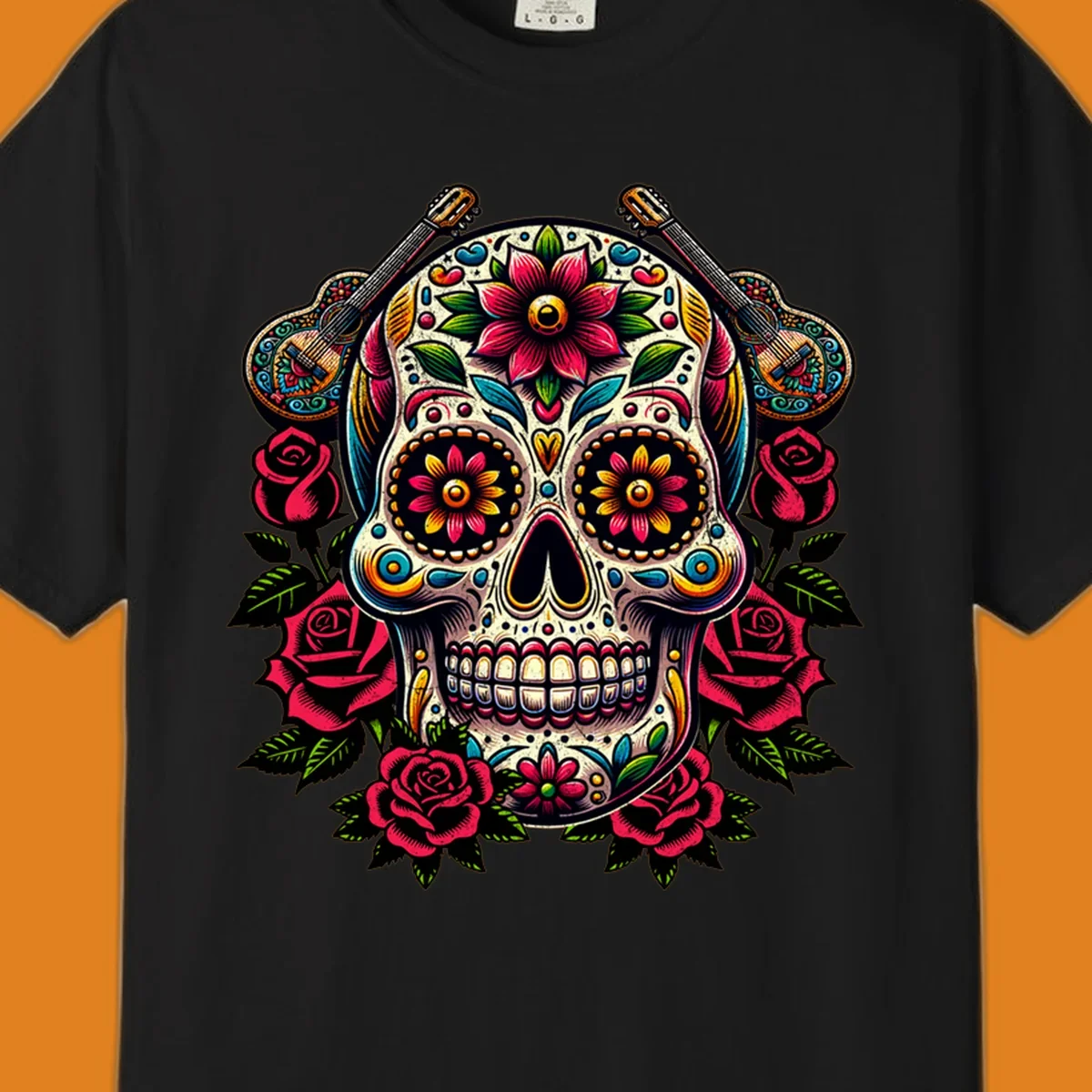 A vibrant floral calavera, adorned with colorful flowers, two guitars, and surrounded by red roses and green leaves.