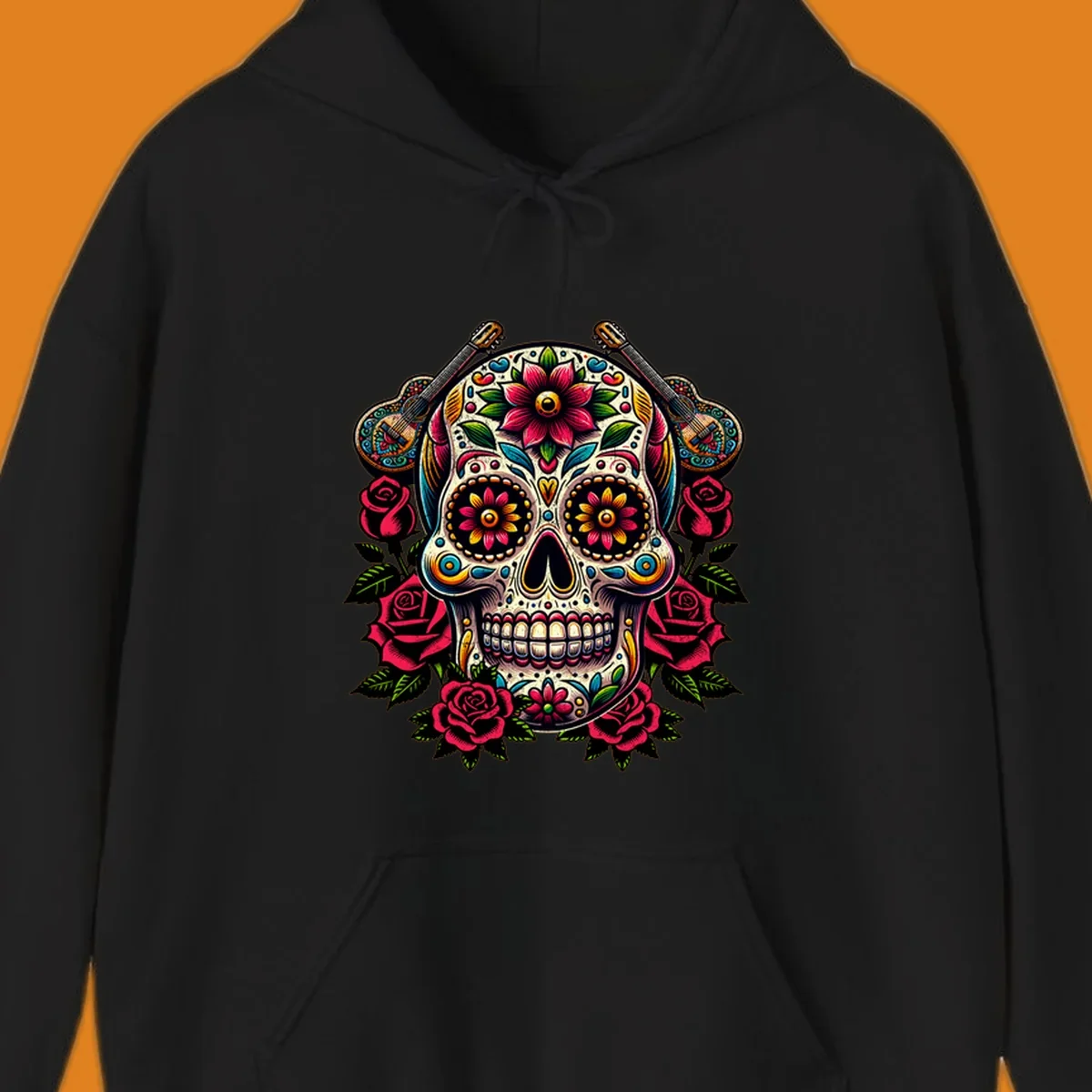 A vibrant floral calavera, adorned with colorful flowers, two guitars, and surrounded by red roses and green leaves.