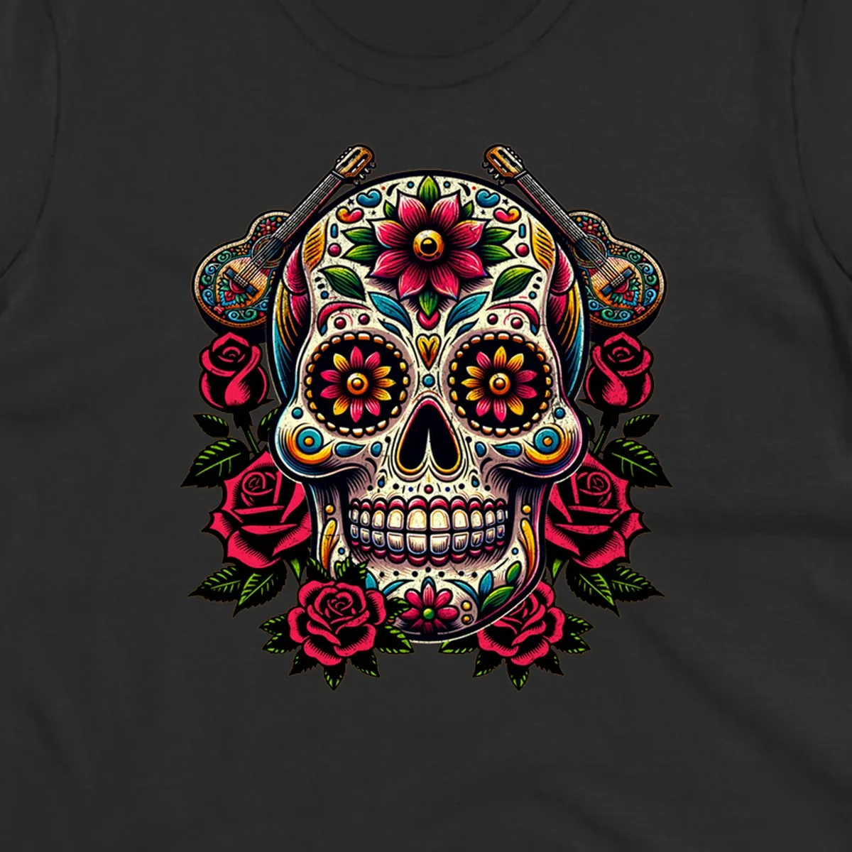 A vibrant floral calavera, adorned with colorful flowers, two guitars, and surrounded by red roses and green leaves.