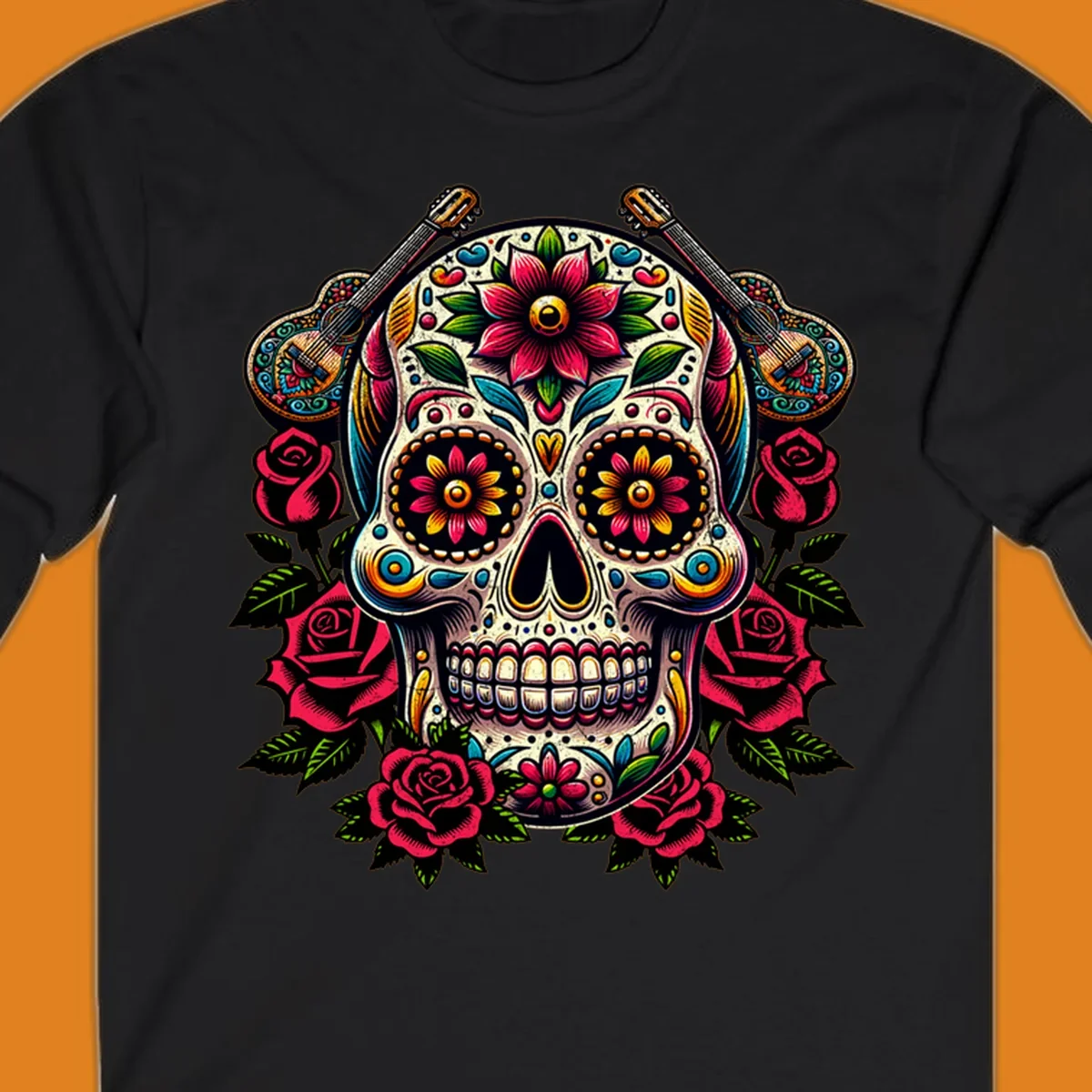 A vibrant floral calavera, adorned with colorful flowers, two guitars, and surrounded by red roses and green leaves.
