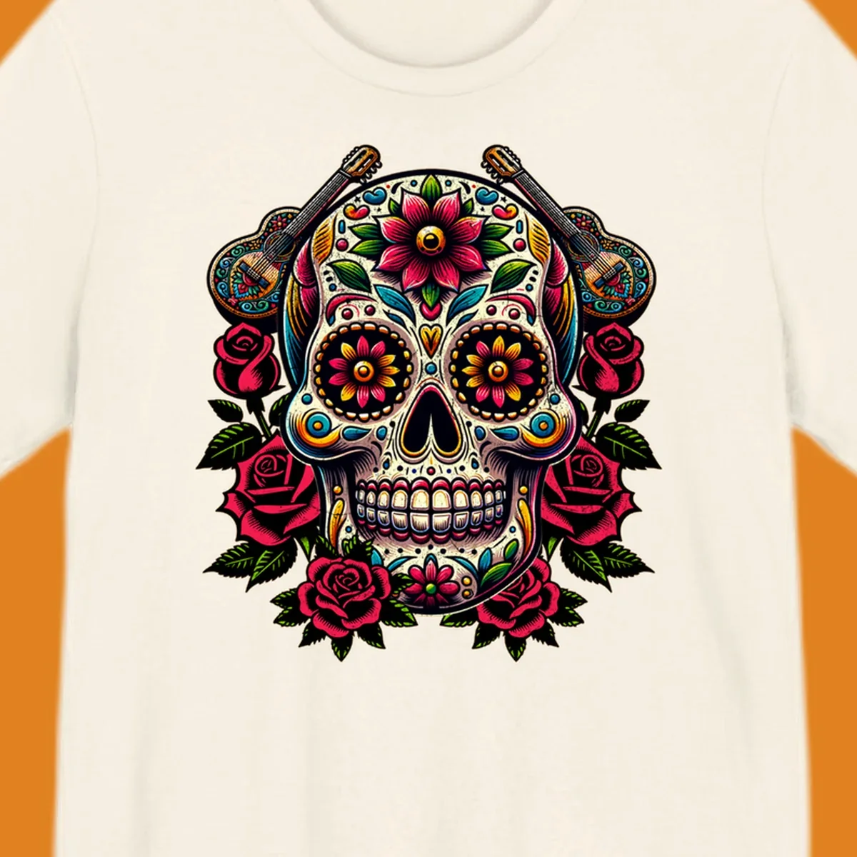 A vibrant floral calavera, adorned with colorful flowers, two guitars, and surrounded by red roses and green leaves.
