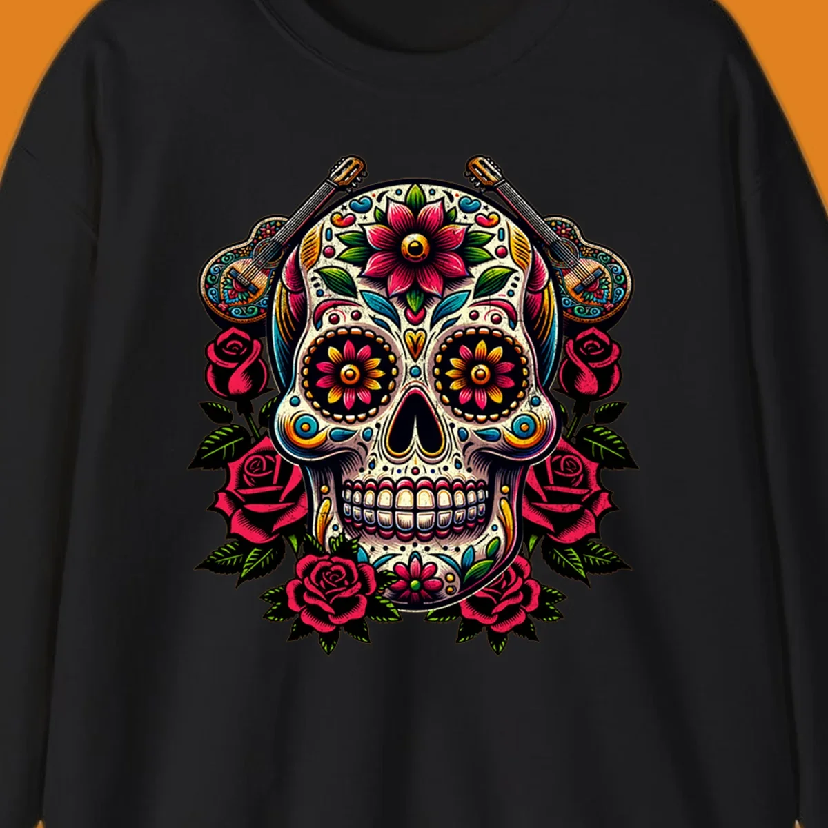 A vibrant floral calavera, adorned with colorful flowers, two guitars, and surrounded by red roses and green leaves.