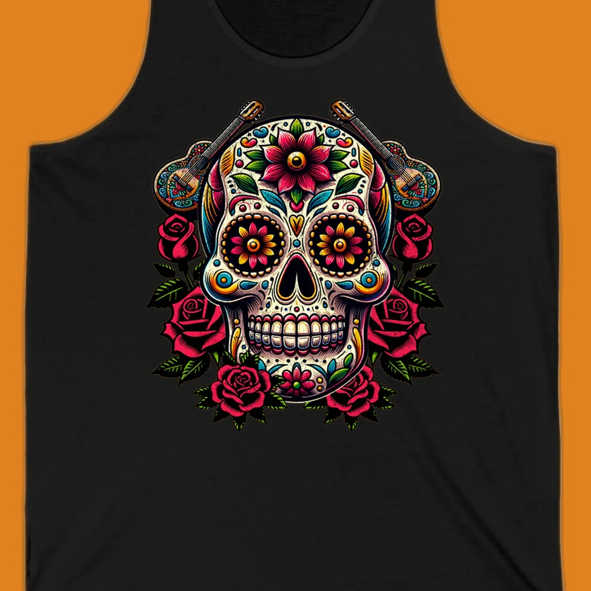 A vibrant floral calavera, adorned with colorful flowers, two guitars, and surrounded by red roses and green leaves.