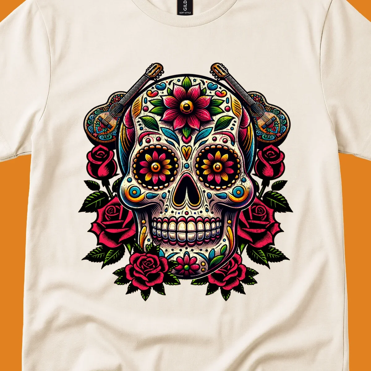 A vibrant floral calavera, adorned with colorful flowers, two guitars, and surrounded by red roses and green leaves.