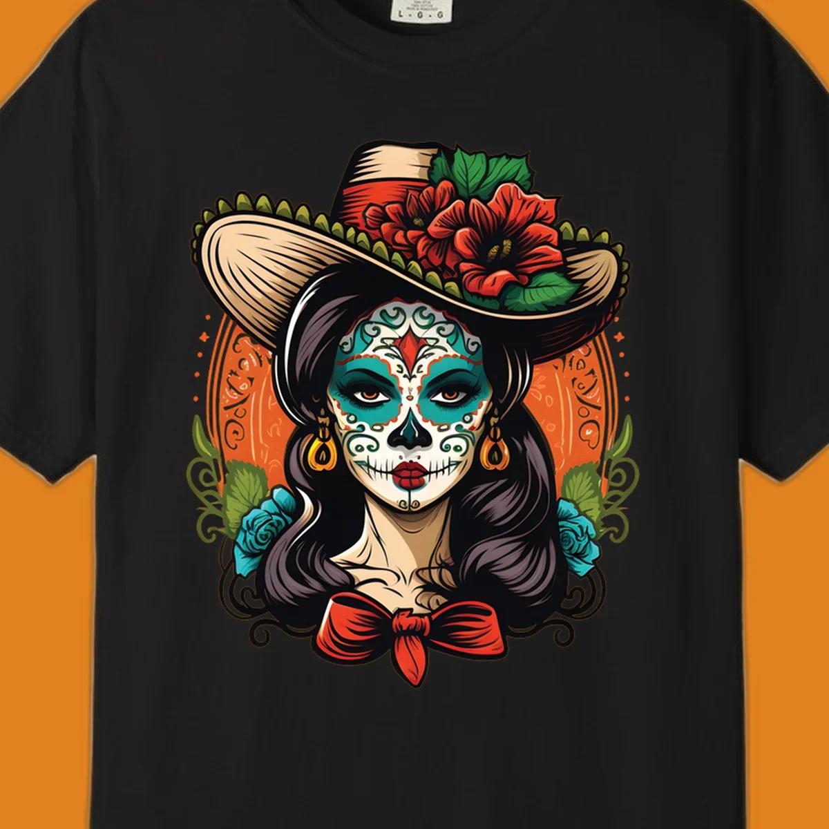 Vibrant illustration of a calavera sombrero lady with intricate sugar skull makeup, red flowers, and blue roses.