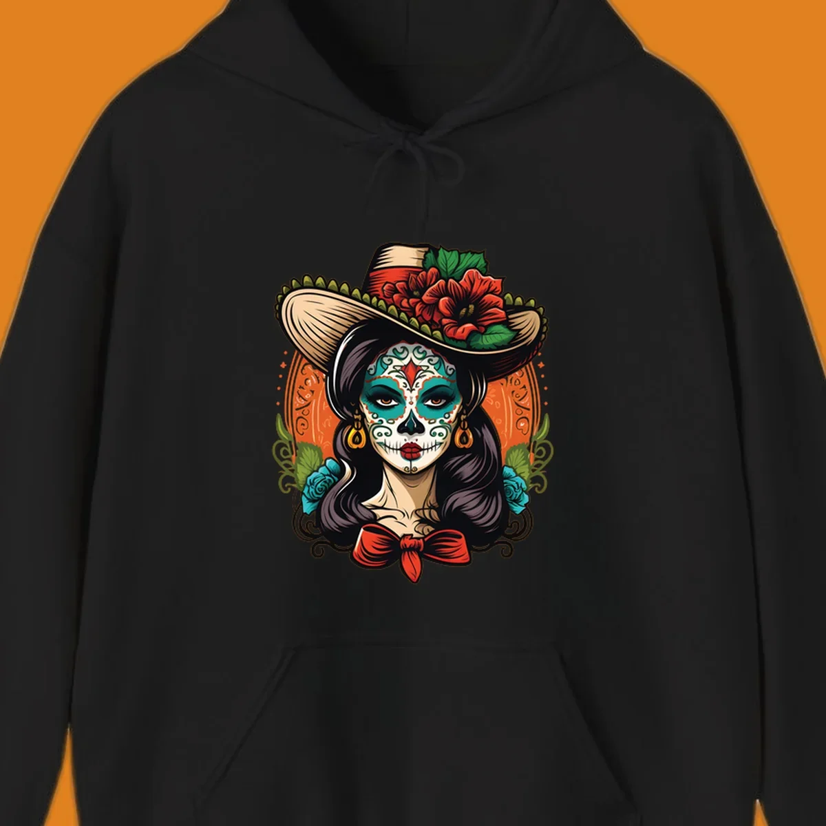 Vibrant illustration of a calavera sombrero lady with intricate sugar skull makeup, red flowers, and blue roses.