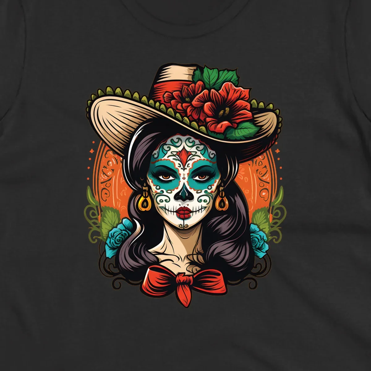 Vibrant illustration of a calavera sombrero lady with intricate sugar skull makeup, red flowers, and blue roses.