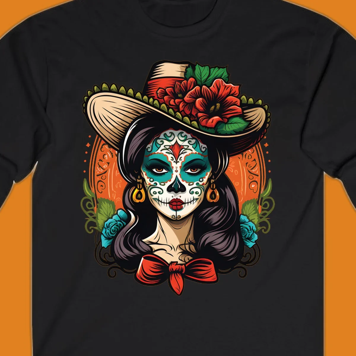 Vibrant illustration of a calavera sombrero lady with intricate sugar skull makeup, red flowers, and blue roses.