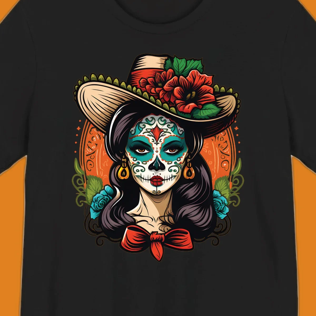 Vibrant illustration of a calavera sombrero lady with intricate sugar skull makeup, red flowers, and blue roses.