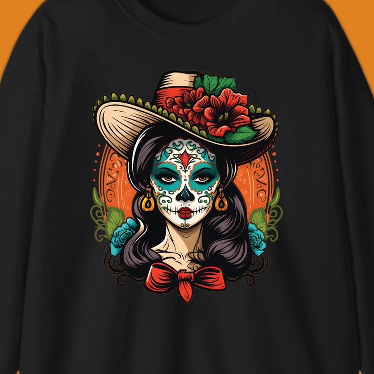 Vibrant illustration of a calavera sombrero lady with intricate sugar skull makeup, red flowers, and blue roses.