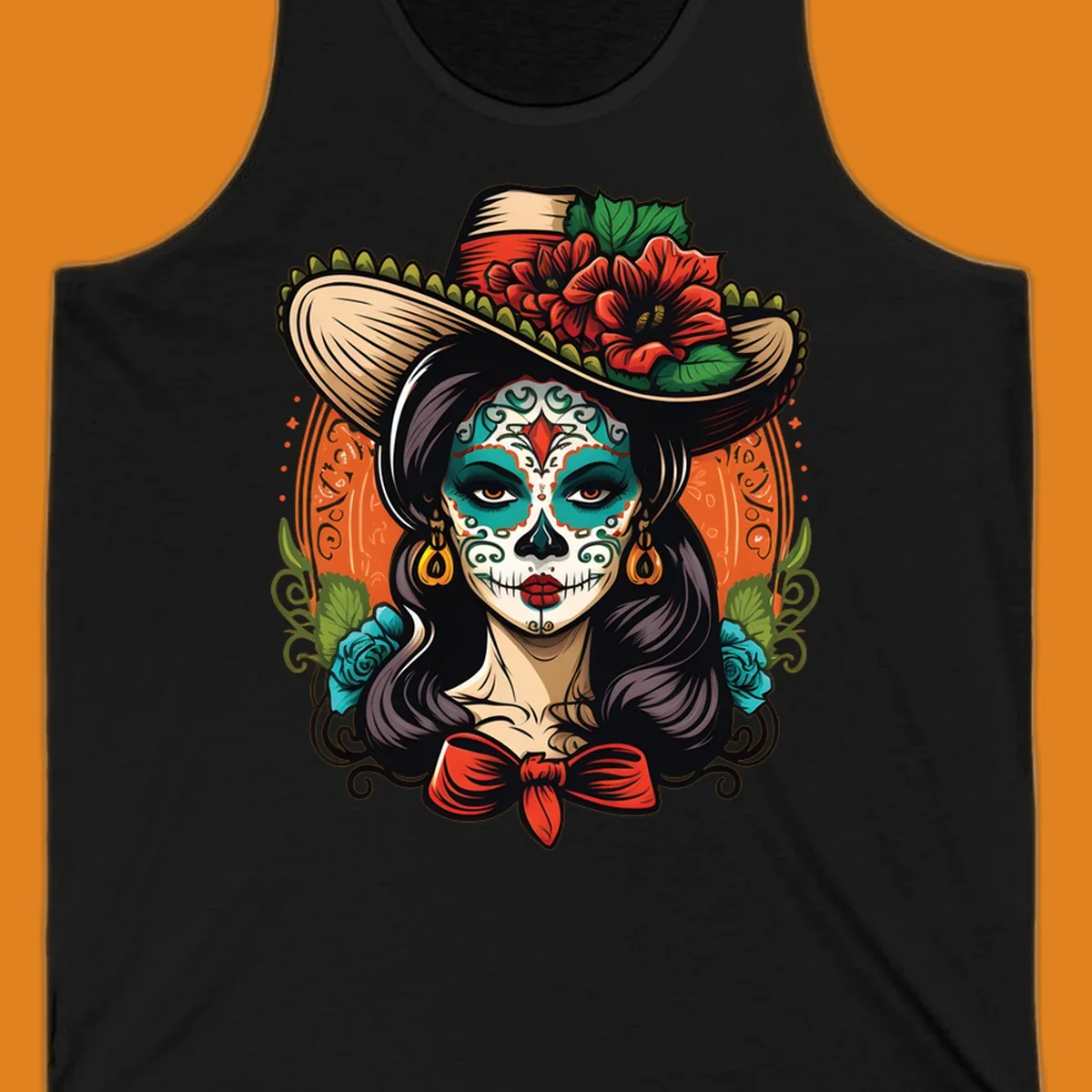 Vibrant illustration of a calavera sombrero lady with intricate sugar skull makeup, red flowers, and blue roses.