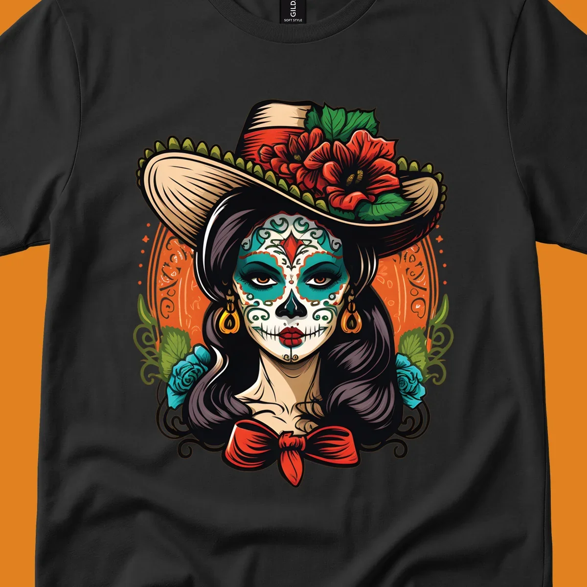 Vibrant illustration of a calavera sombrero lady with intricate sugar skull makeup, red flowers, and blue roses.