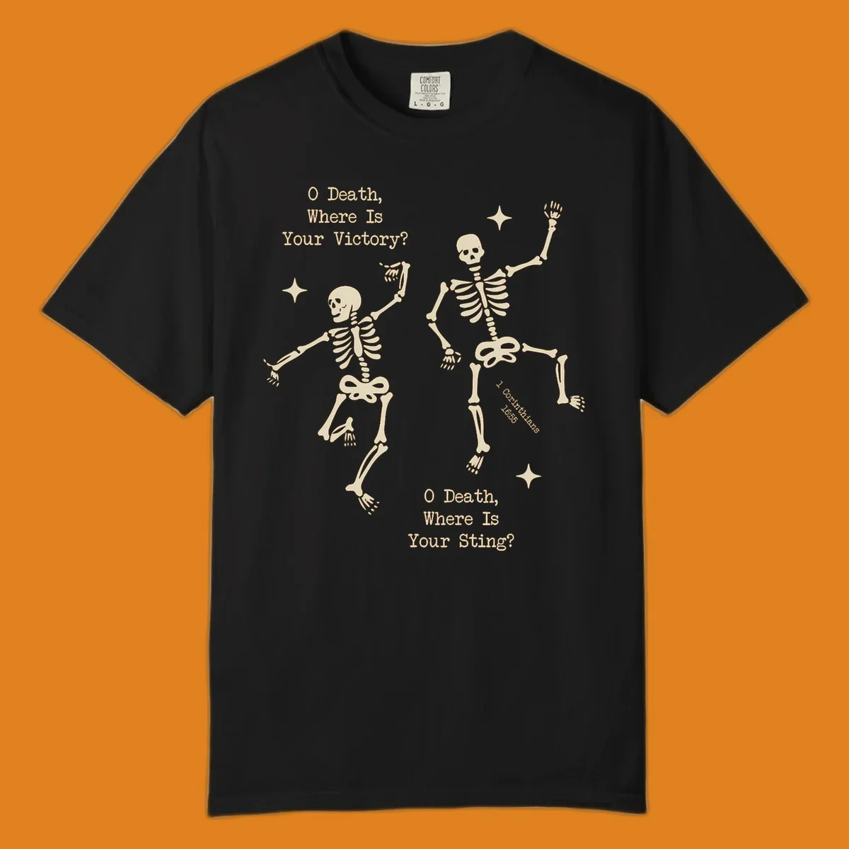 Dancing skeletons with text about death's sting and victory, memento mori design.