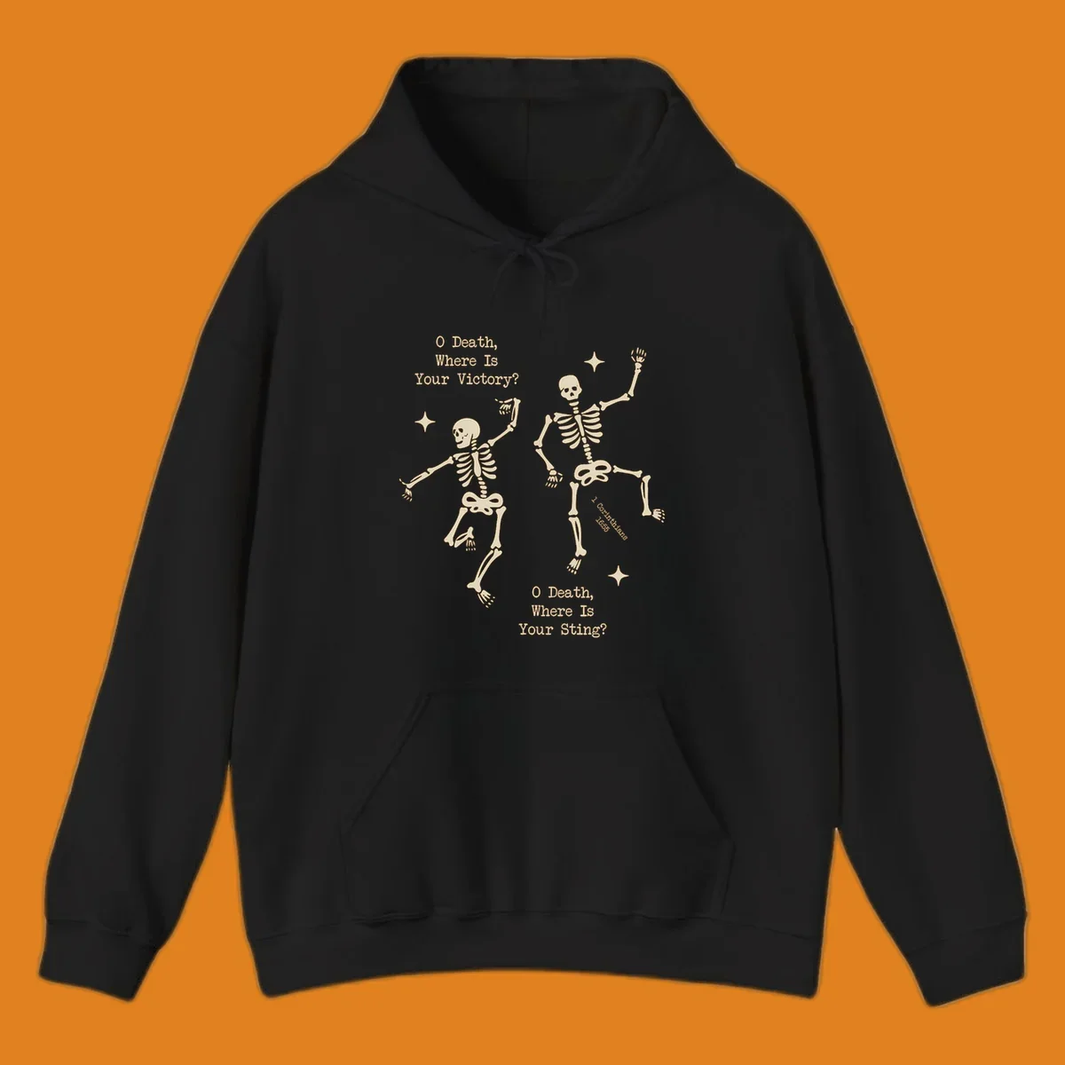 Dancing skeletons with text about death's sting and victory, memento mori design.