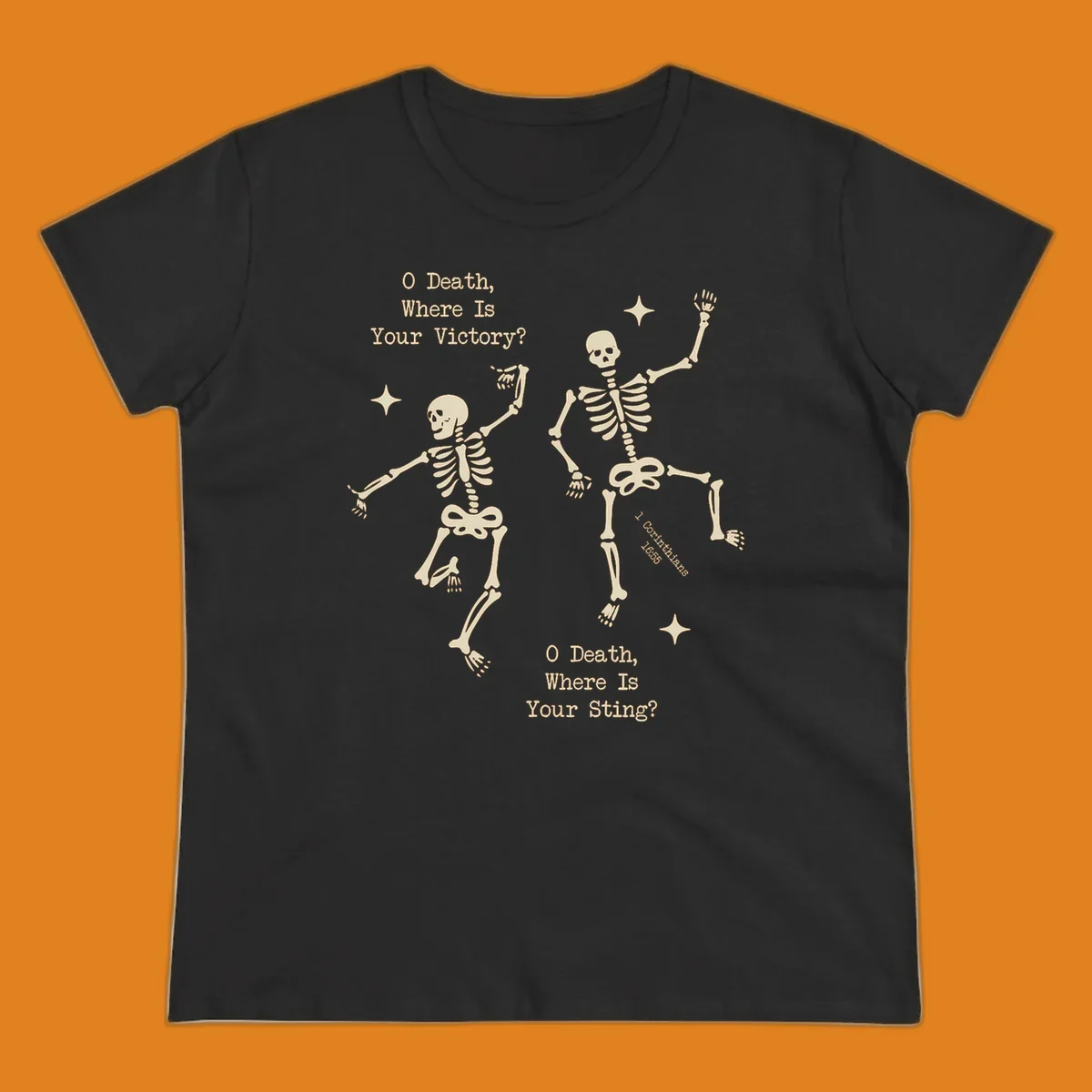 Dancing skeletons with text about death's sting and victory, memento mori design.