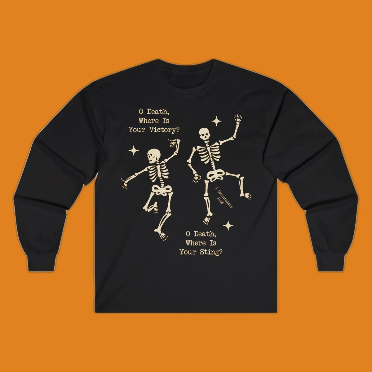 Dancing skeletons with text about death's sting and victory, memento mori design.