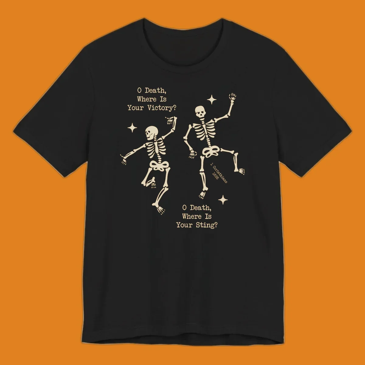 Dancing skeletons with text about death's sting and victory, memento mori design.