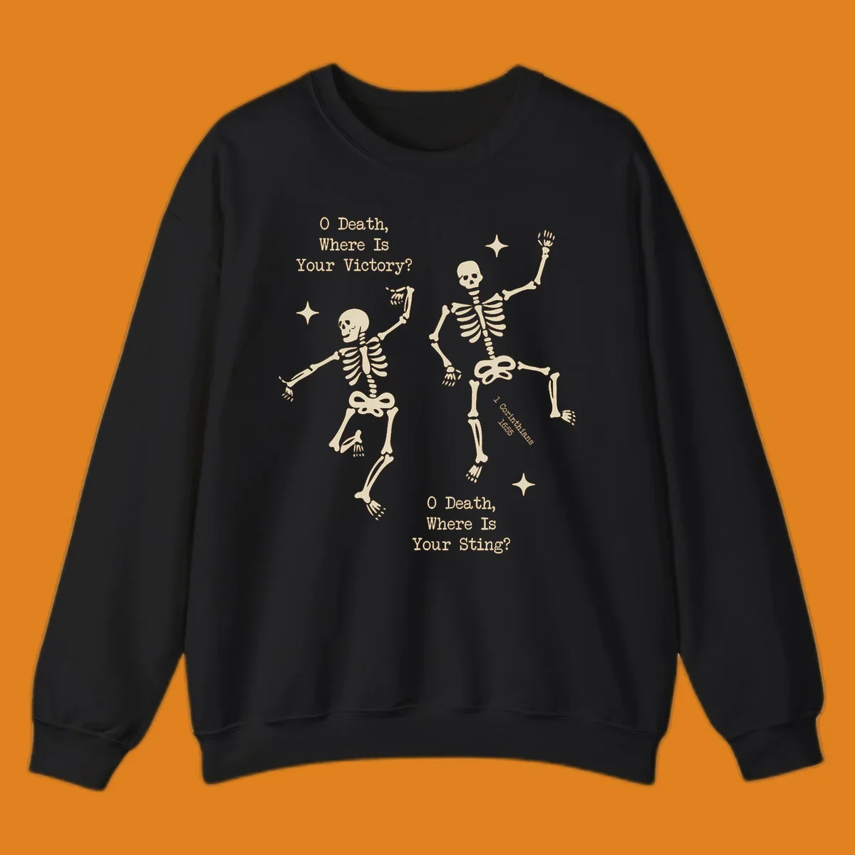 Dancing skeletons with text about death's sting and victory, memento mori design.