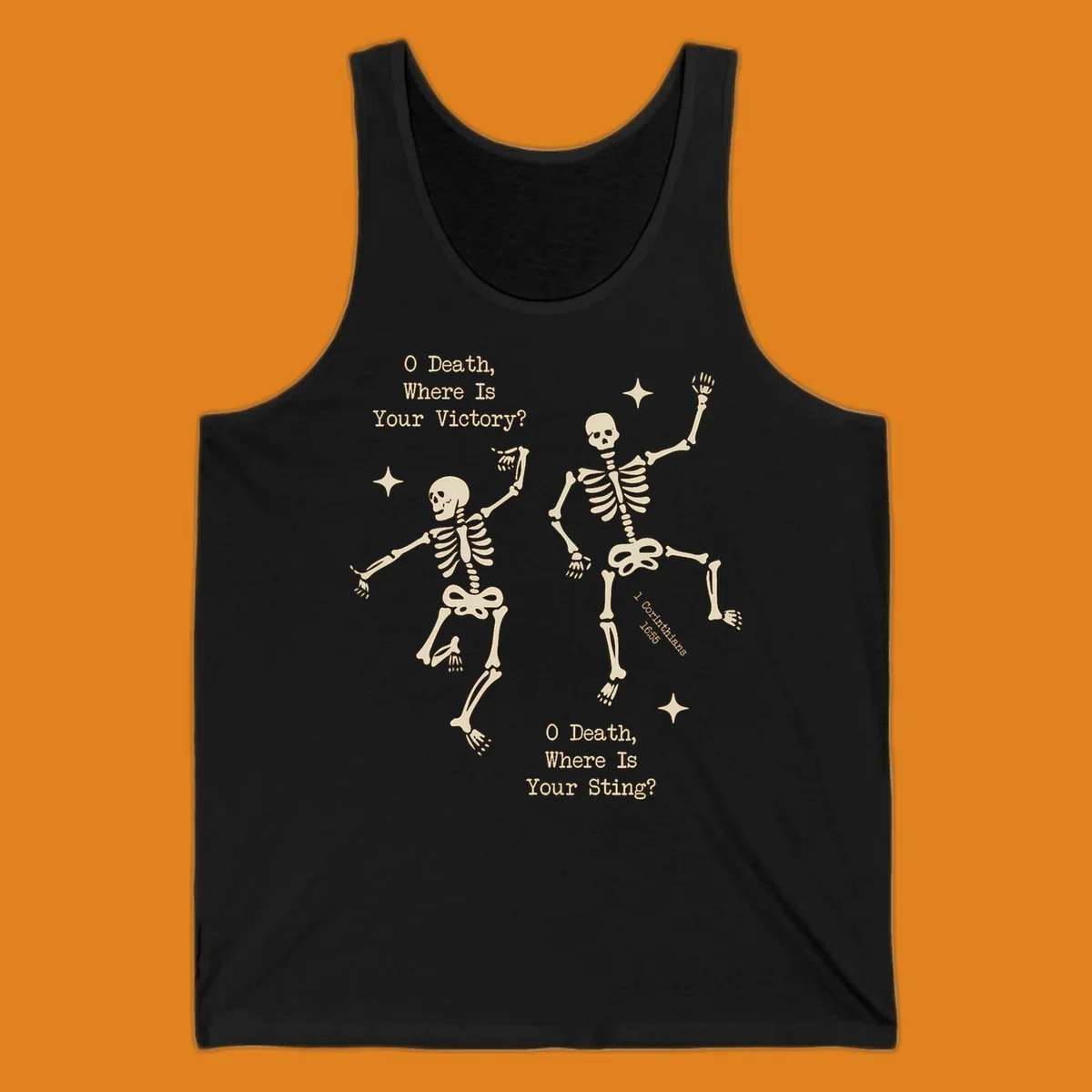 Dancing skeletons with text about death's sting and victory, memento mori design.