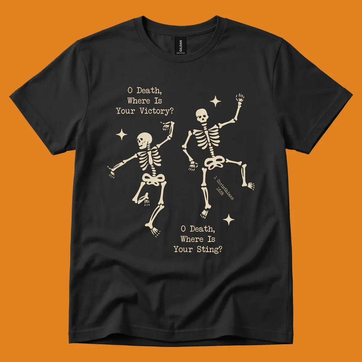 Dancing skeletons with text about death's sting and victory, memento mori design.