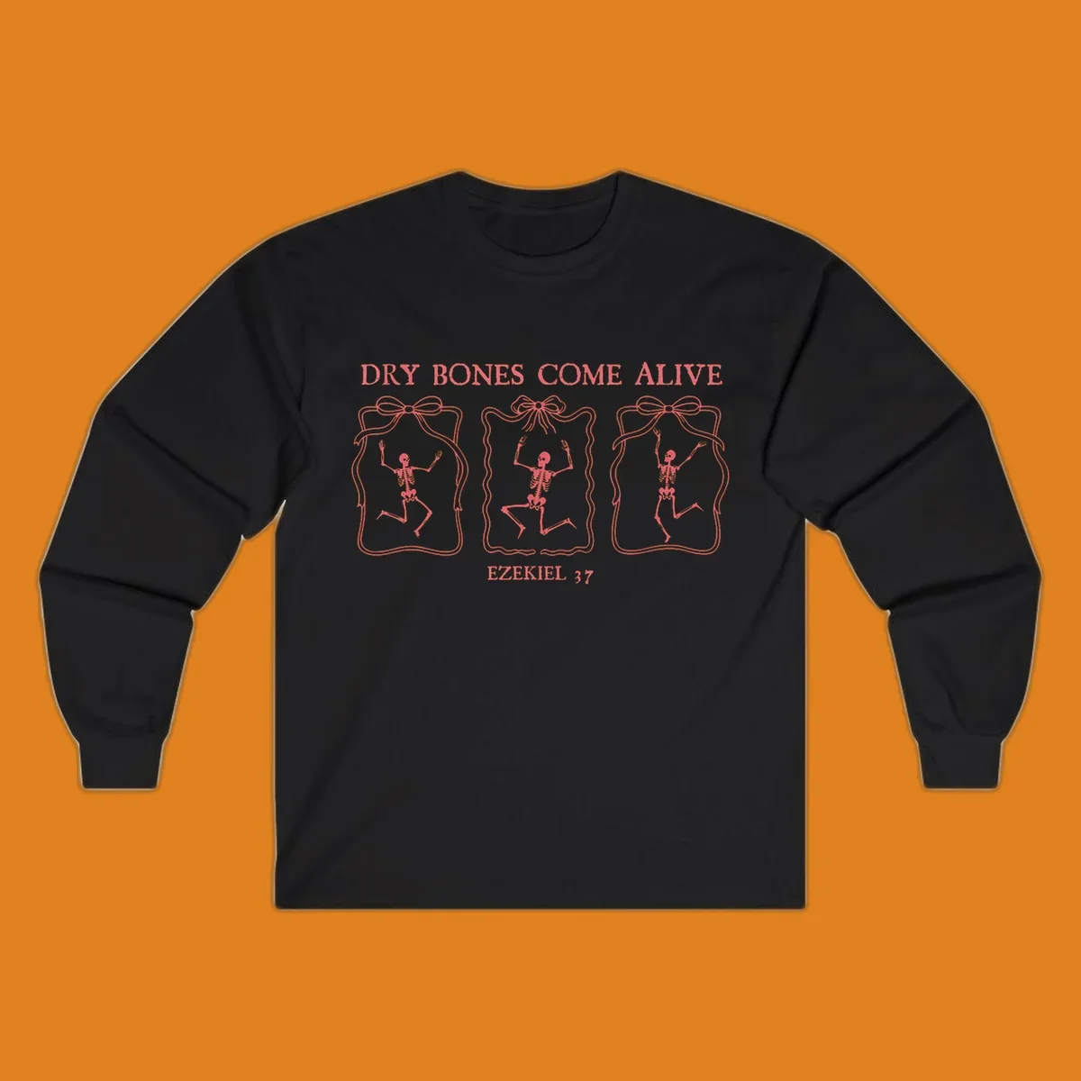 Dry bones come alive biblical illustration with dancing skeletons and Ezekiel 37 text.