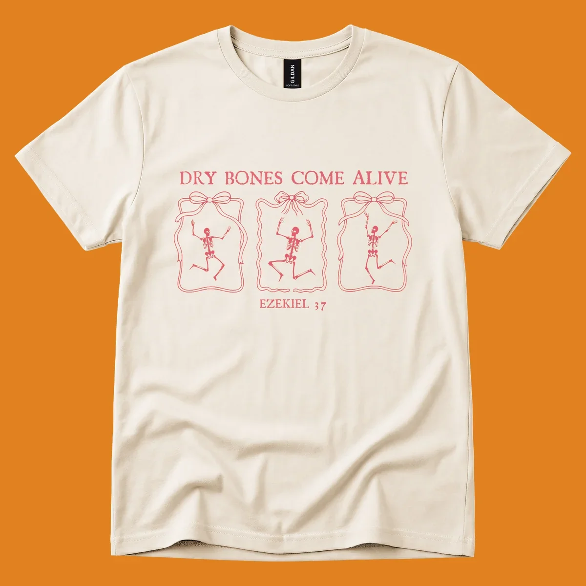 Dry bones come alive biblical illustration with dancing skeletons and Ezekiel 37 text.