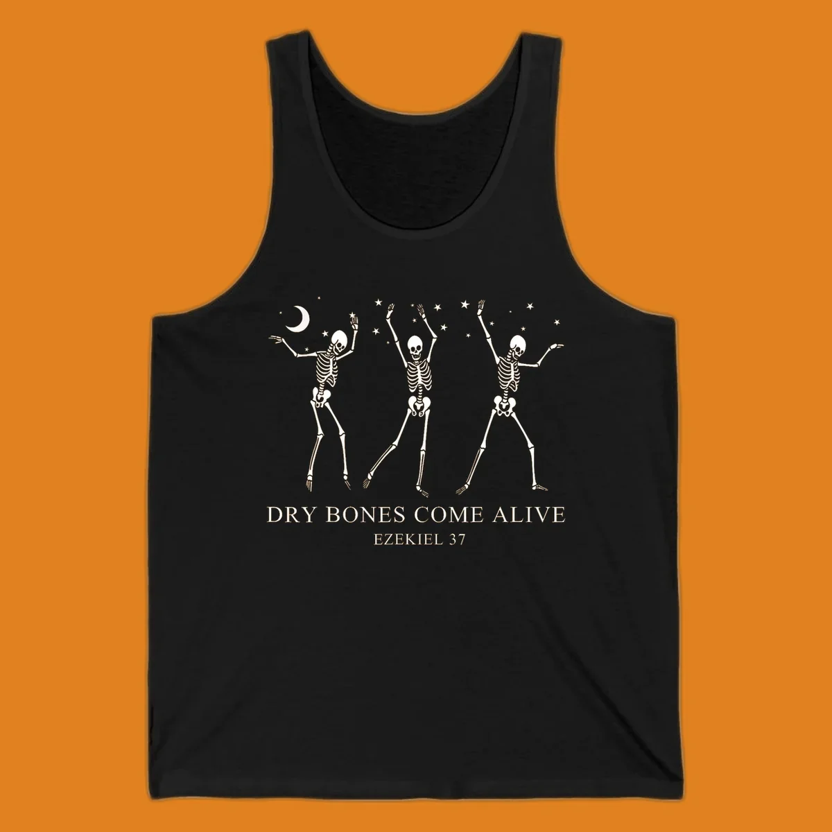 Three dancing skeletons under a moon and stars, with text 'Dry Bones Come Alive Ezekiel 37'.