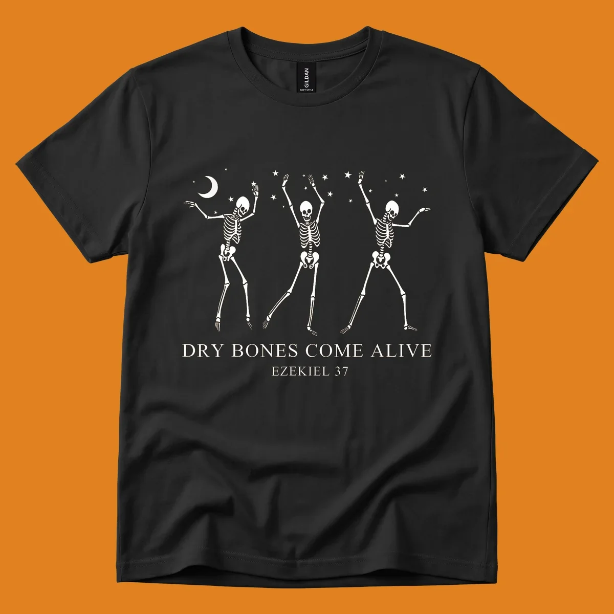 Three dancing skeletons under a moon and stars, with text 'Dry Bones Come Alive Ezekiel 37'.