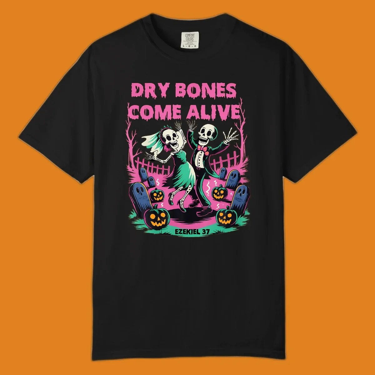 Dry bones come alive Halloween skeletons dancing wedding pumpkins gravestones Ezekiel 37